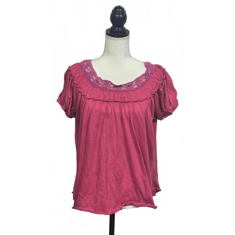 Pink Short Sleeve Women's Top with Lace Detail